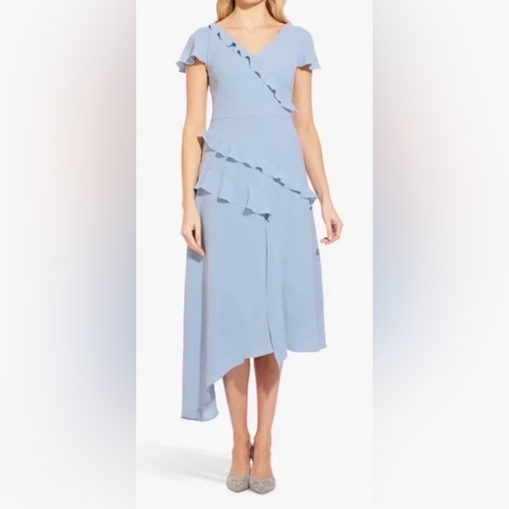 NWT Pretty Pale Blue Adrianna Papell Fit Flared Ruffle Asymmetrical Hem Dress 14